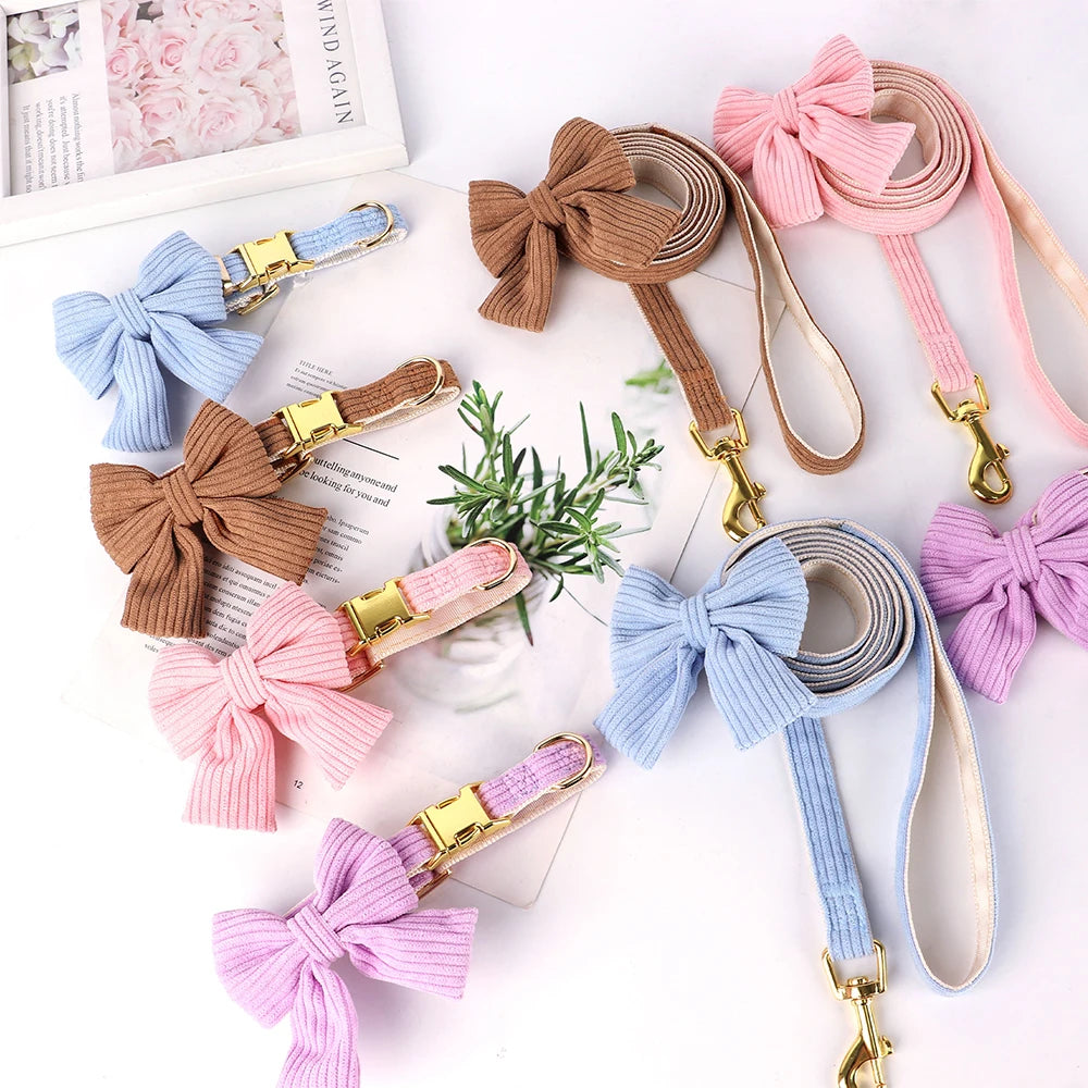cute pink dog collar leash set with bowtie