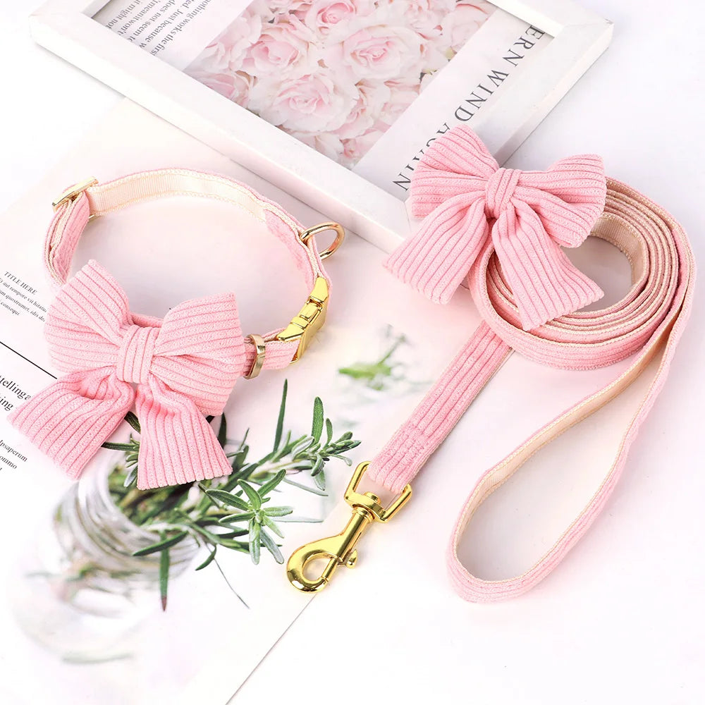 cute pink dog collar leash set with bowtie