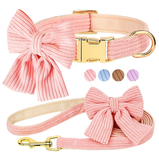 Cute Pink Dog Collar Leash Set With Bowtie