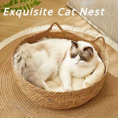 Handmade Rattan Cat Bed with Soft Cushion