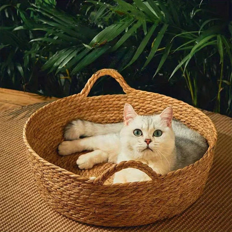 handmade rattan cat bed with soft cushion