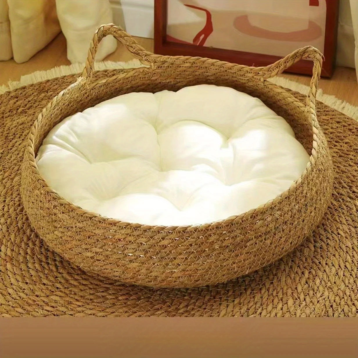 handmade rattan cat bed with soft cushion