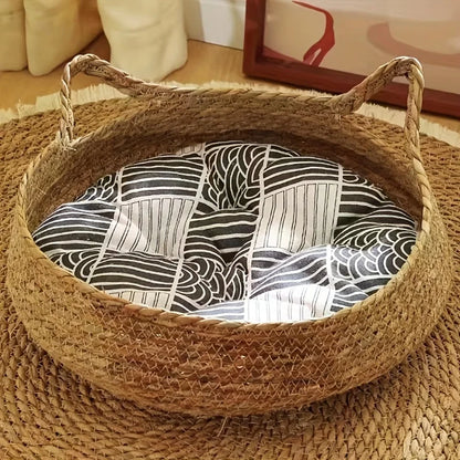 Handmade Rattan Cat Bed with Soft Cushion
